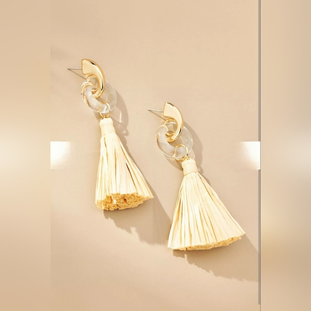 Anthropologie,‎ Enamel Ring Tassel Drop Earrings, Gold/Clear/Raffia - NEW!!